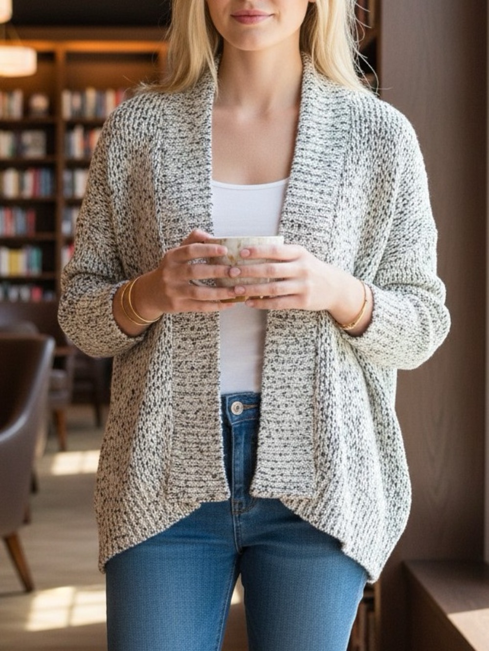 360 Sweater Harlow Cardigan Gray White Marled Knit Open Front Crop Revolve L